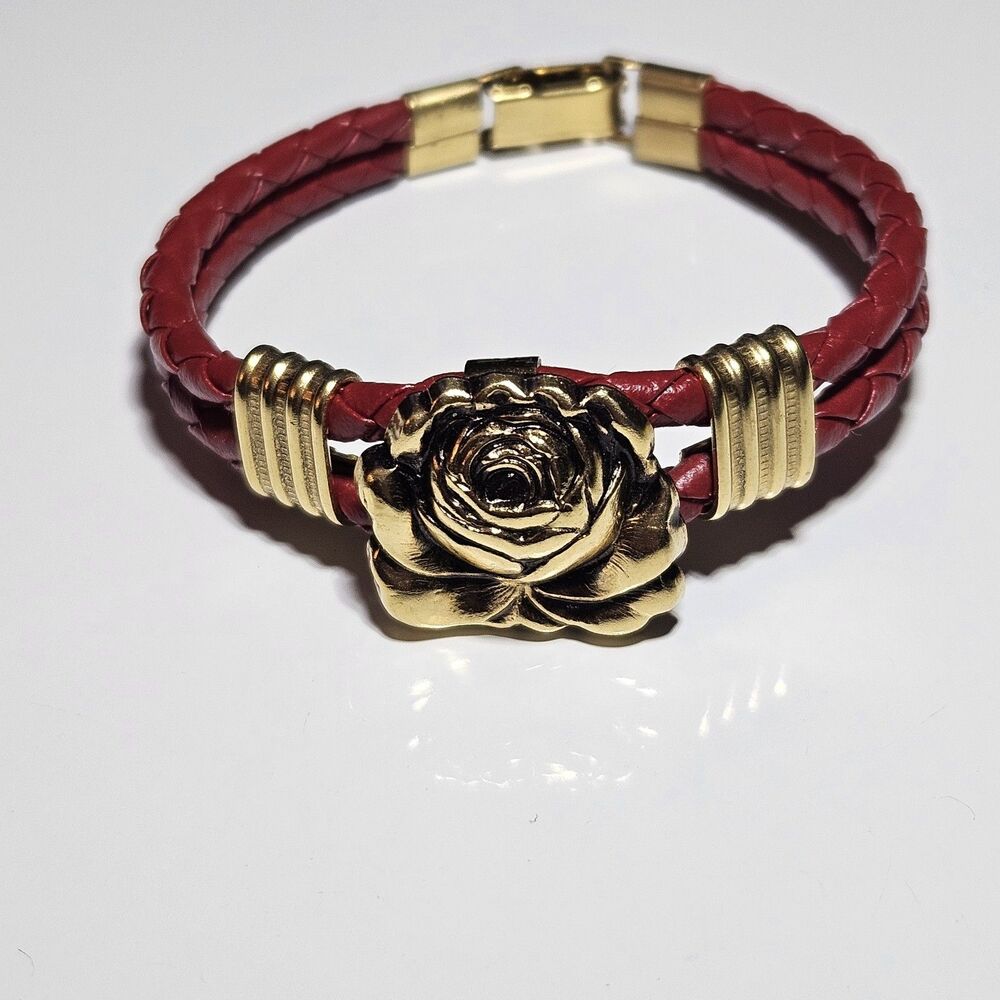 Vintage Gold Tone Rose On Red Corded Leather Bracelet 6"